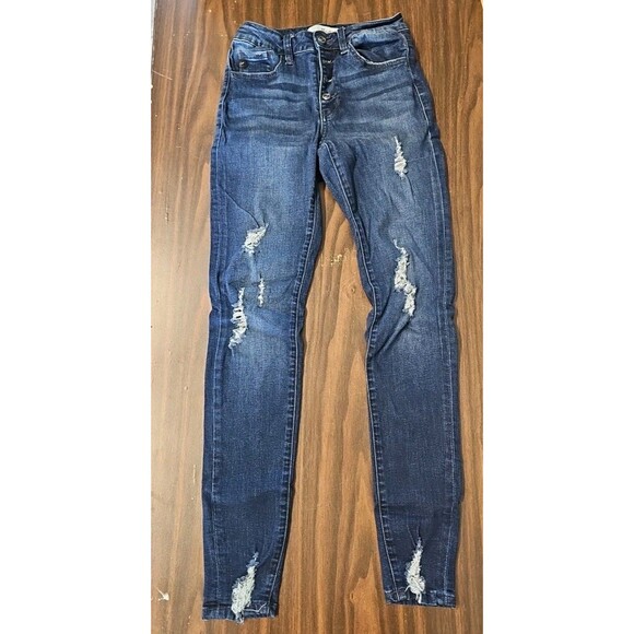 KanCan Estilo Jeans Size 5/26 Distressed Button Fly Dark Wash Holes G1 - Picture 1 of 10